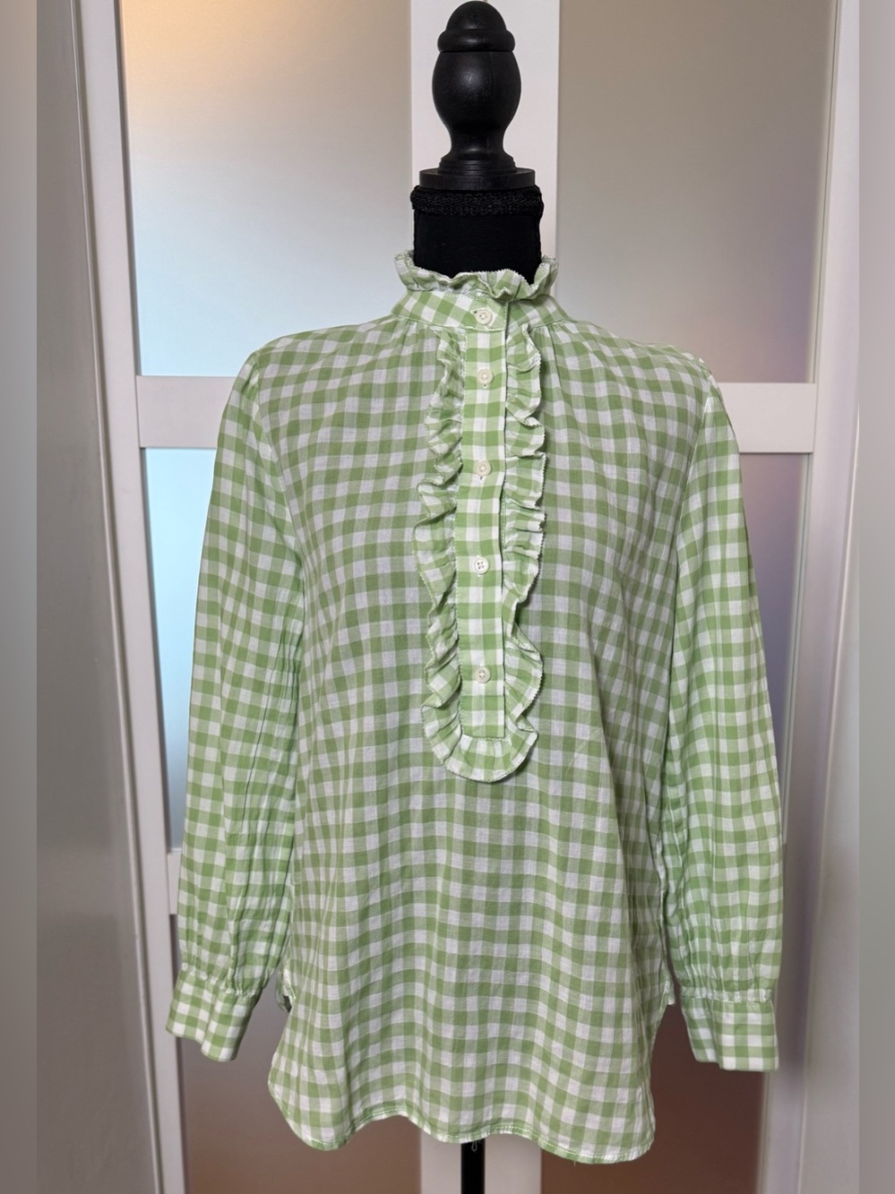 J. Crew Light Green and White Gingham Ruffle Button-Front Blouse, Size 6.